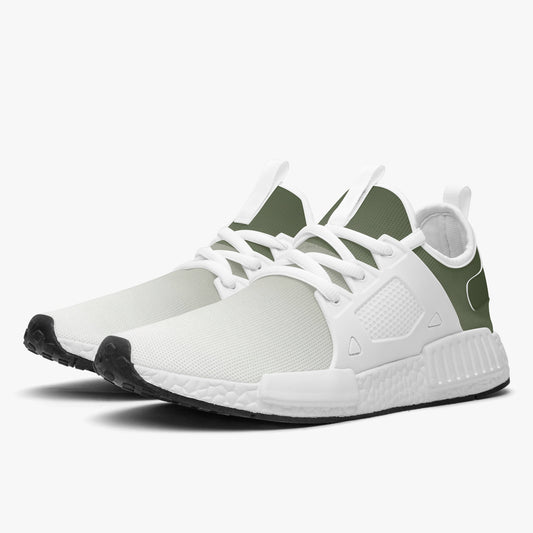 Side view of lightweight sneakers with white mesh upper, green heel panel, rubber outsole