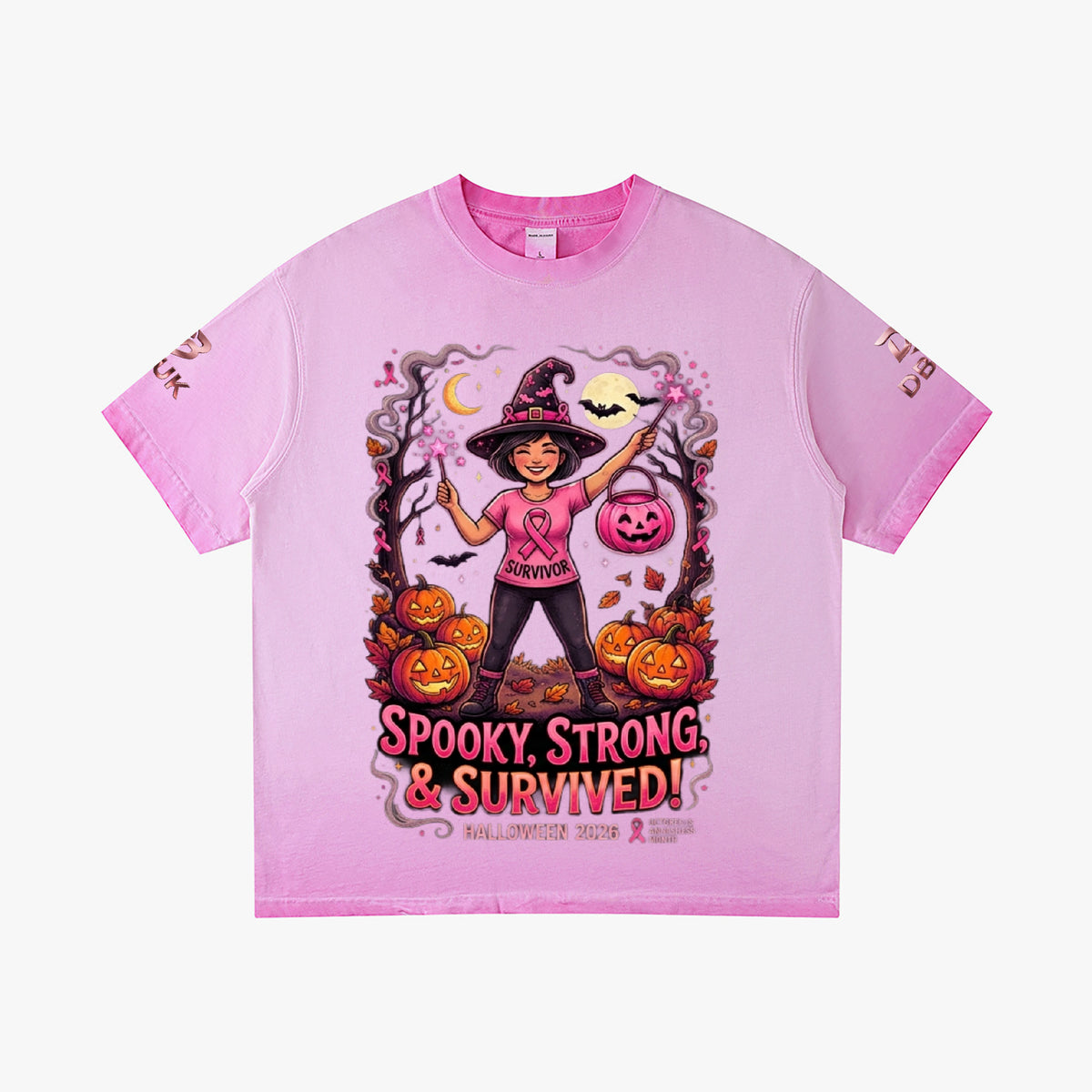 Pink Halloween graphic tee with witch, pumpkins, and “Spooky Strong & Survived!”