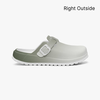 Lightweight EVA slip-on clog in light gray with dark green side panel and strap