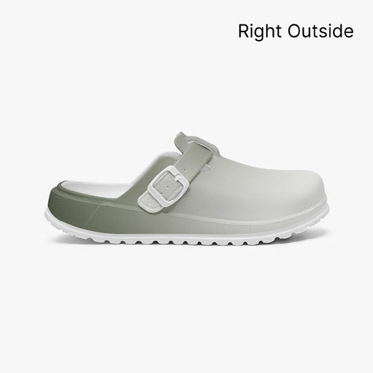 Lightweight EVA slip-on clog in light gray with dark green side panel and strap