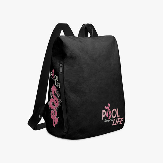 Black canvas backpack with pink “Pool Life” graphic and front zip pocket