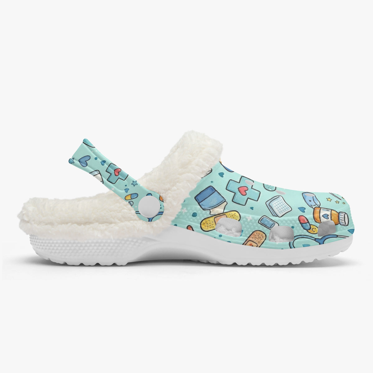 Blue medical cartoon slide sandals with white fuzzy lining and textured outsole