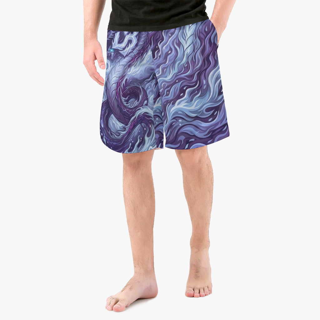 Board shorts with purple-and-blue all-over print, above-knee hem