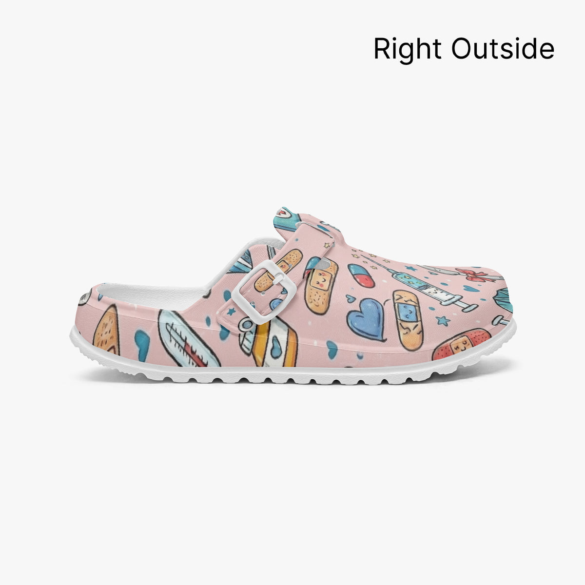 Pink medical doodle clog right outside view with adjustable strap and colorful print