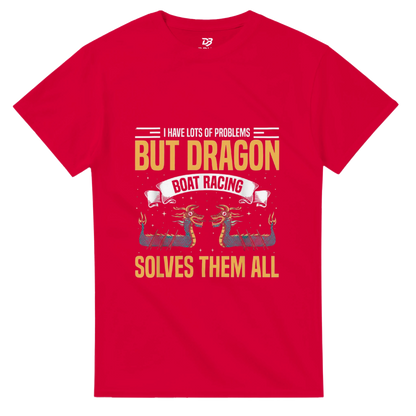 Red unisex graphic T-shirt with dragon boat racing text "SOLVES THEM ALL"