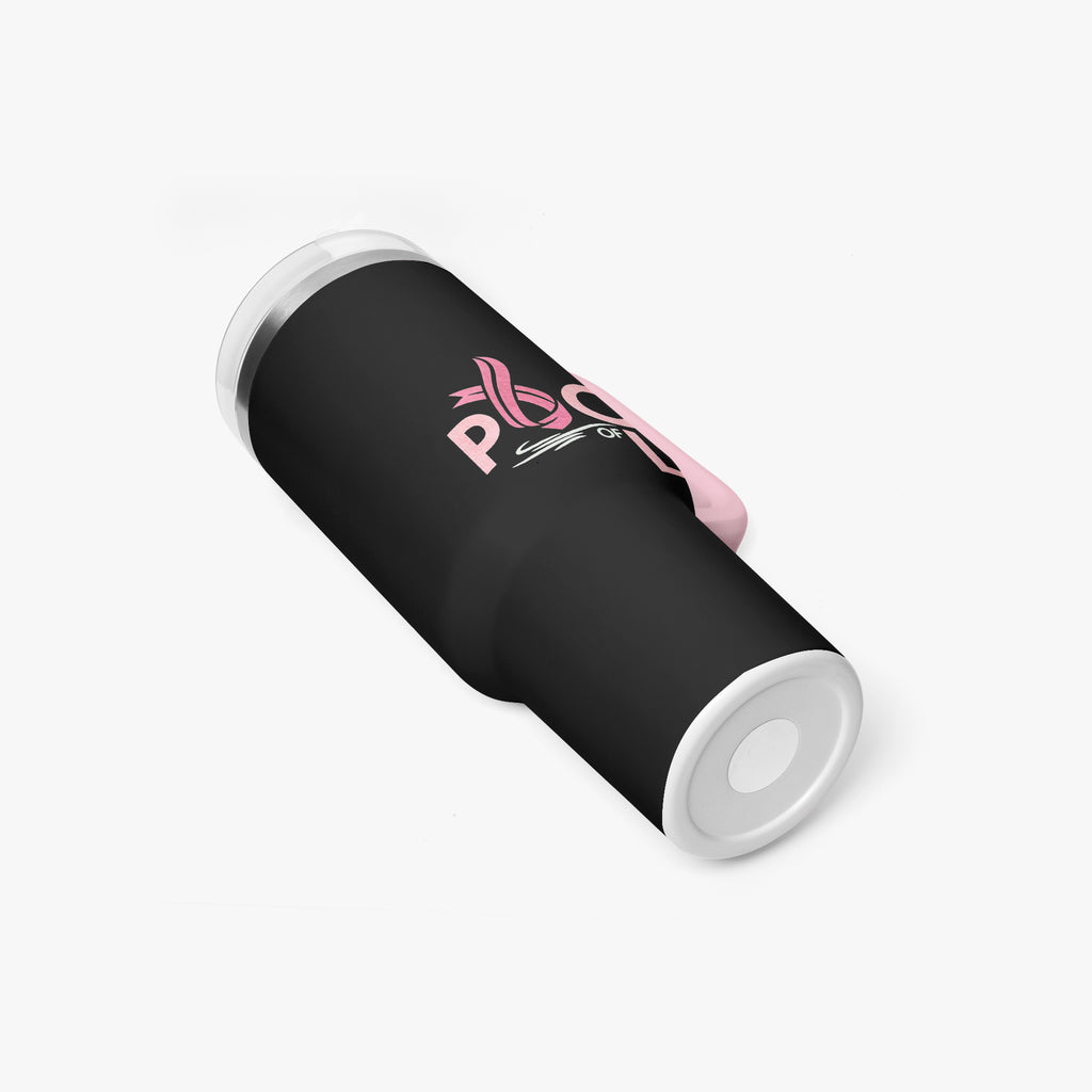 A black insulated tumbler with a pink ribbon and 'Proud' graphic, shown on a clean white background.