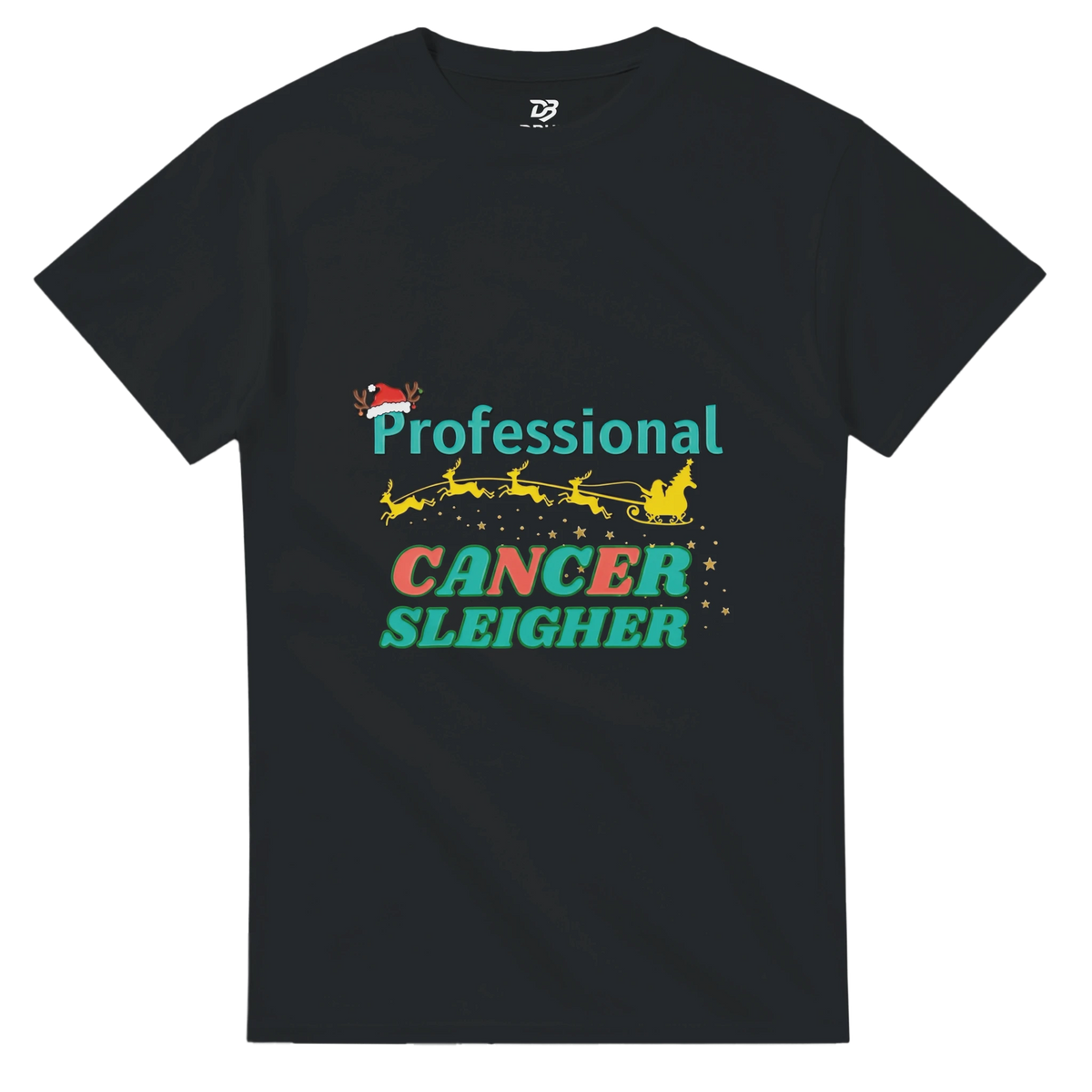 Black crew neck T-shirt with a colorful “Cancer Sleigher” graphic printed on the front
