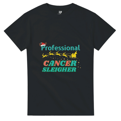 Black crew neck T-shirt with a colorful “Cancer Sleigher” graphic printed on the front
