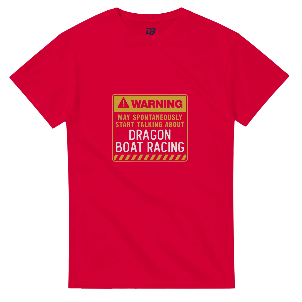 Unisex crewneck T-shirt, red with warning boat racing graphic on chest.
