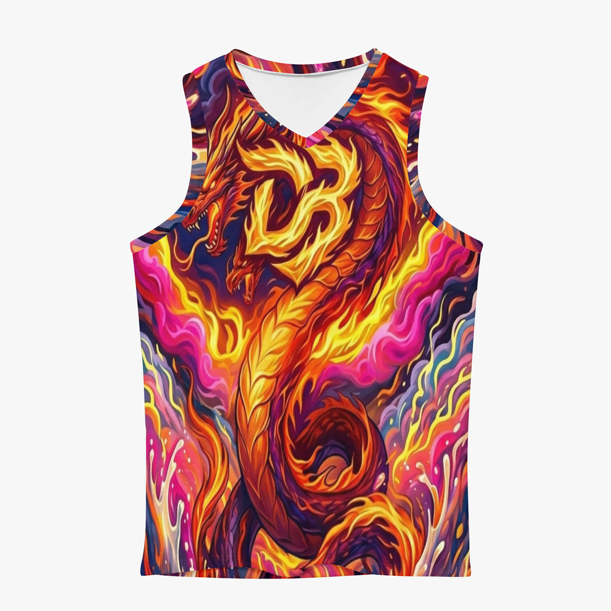 Sleeveless sports vest with fiery dragon all-over print, V-neck, orange and purple