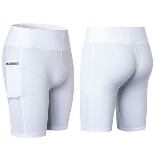 White women’s yoga shorts with phone pocket, smooth stretch fabric, mid-thigh length