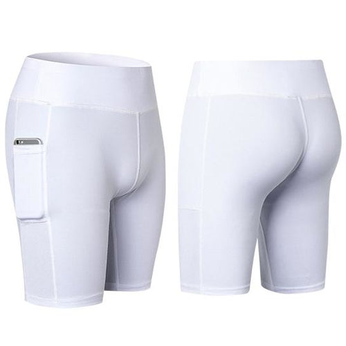 White stretch yoga shorts with phone pocket, mid-thigh length.