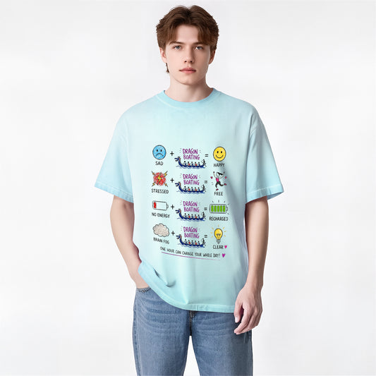 Washed light-blue cotton crew-neck tee with colorful dragon mood graphic front.