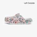 Pink medical doodle clog left outside view with strap detail and textured white outsole