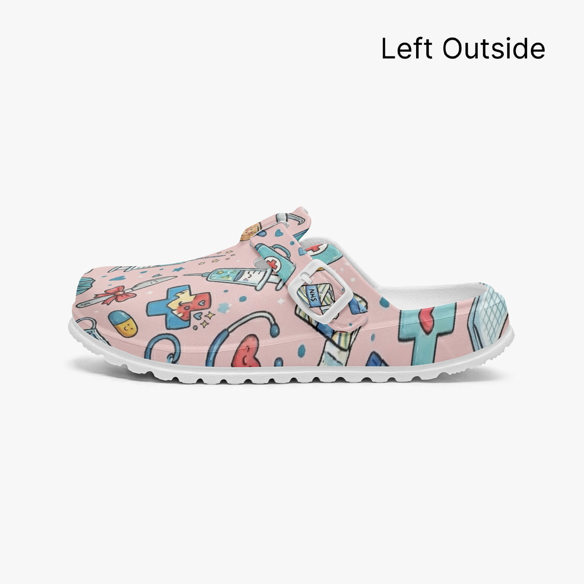 Pink medical doodle clog left outside view with strap detail and textured white outsole