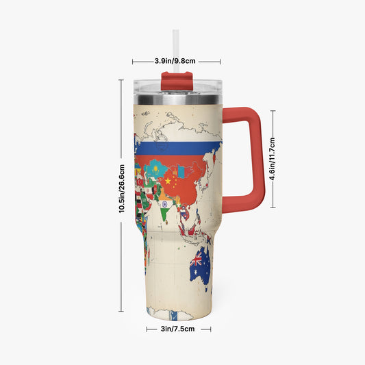40oz insulated travel mug with world map design, red handle, silver lid, and straw