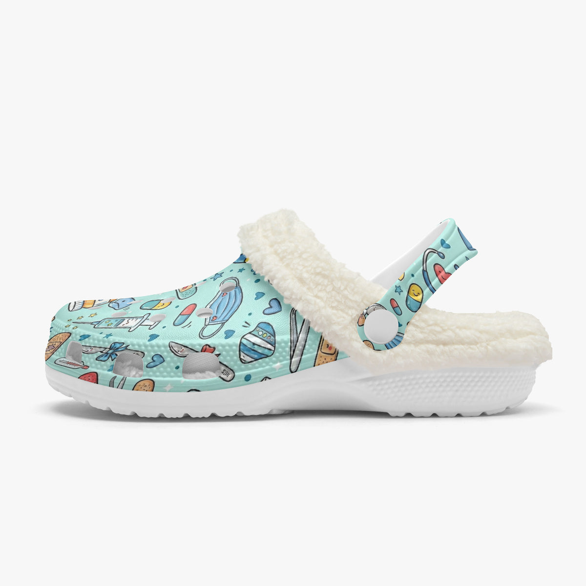 Teal medical-themed slide sandal with white plush fur lining and cushioned sole