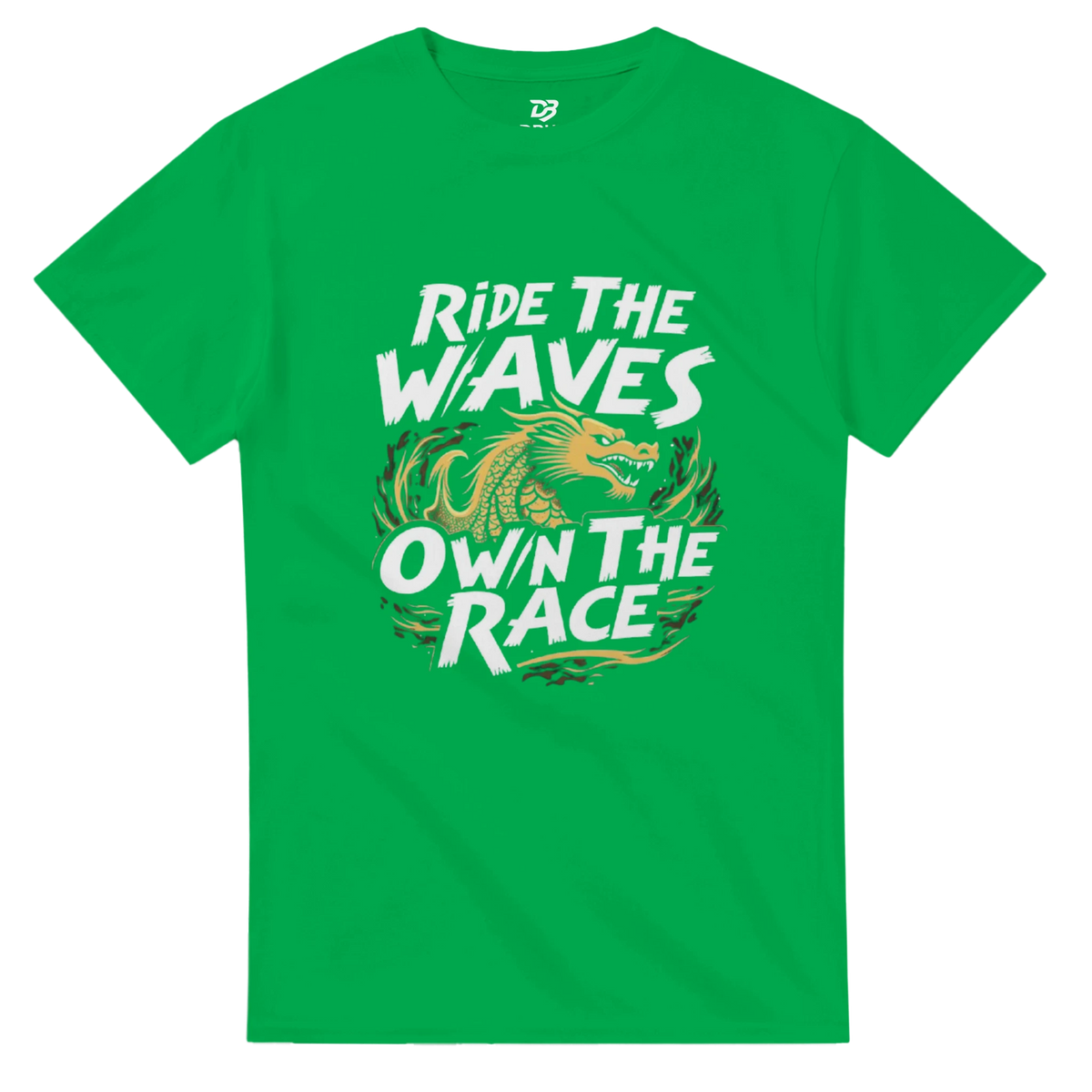 Unisex green T-shirt with “Ride the Waves / Own the Race” dragon graphic on front