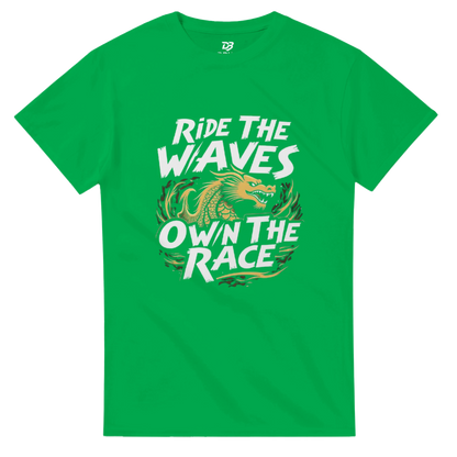 Unisex green T-shirt with “Ride the Waves / Own the Race” dragon graphic on front