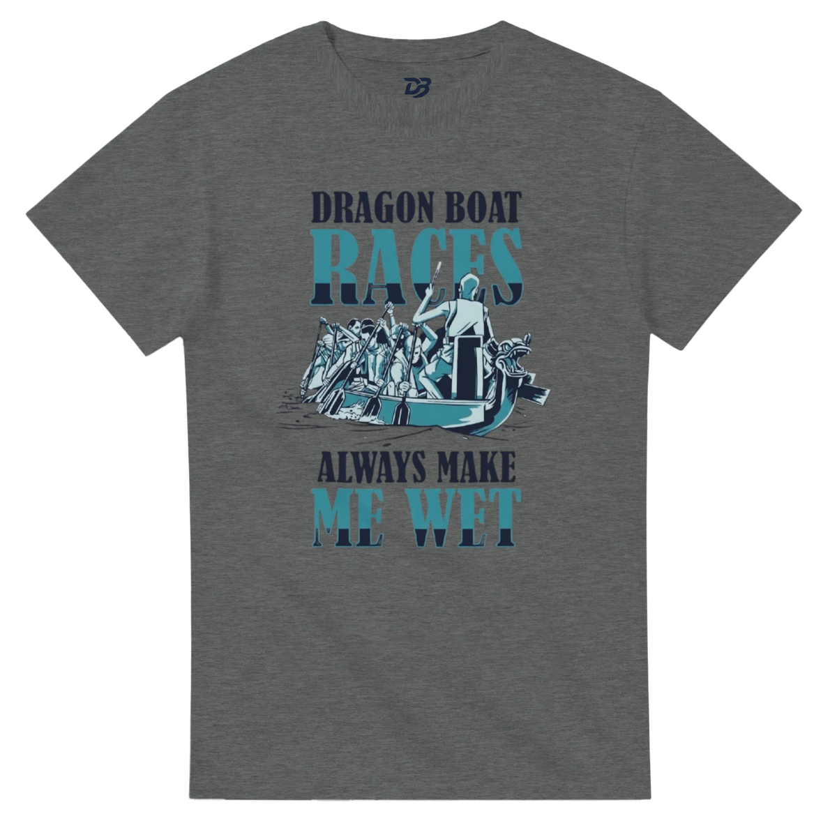 Graphite heather unisex t-shirt with front "DRAGON BOAT RACES" boat graphic and "ME WET" text