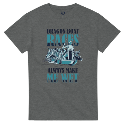 Graphite heather unisex t-shirt with front "DRAGON BOAT RACES" boat graphic and "ME WET" text