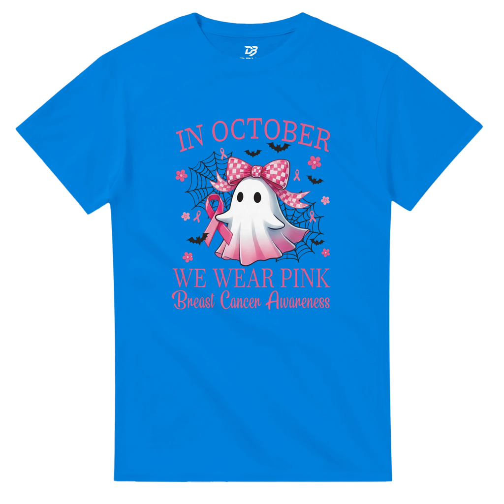Blue unisex T-shirt with pink “IN OCTOBER” text and ghost dragon graphic
