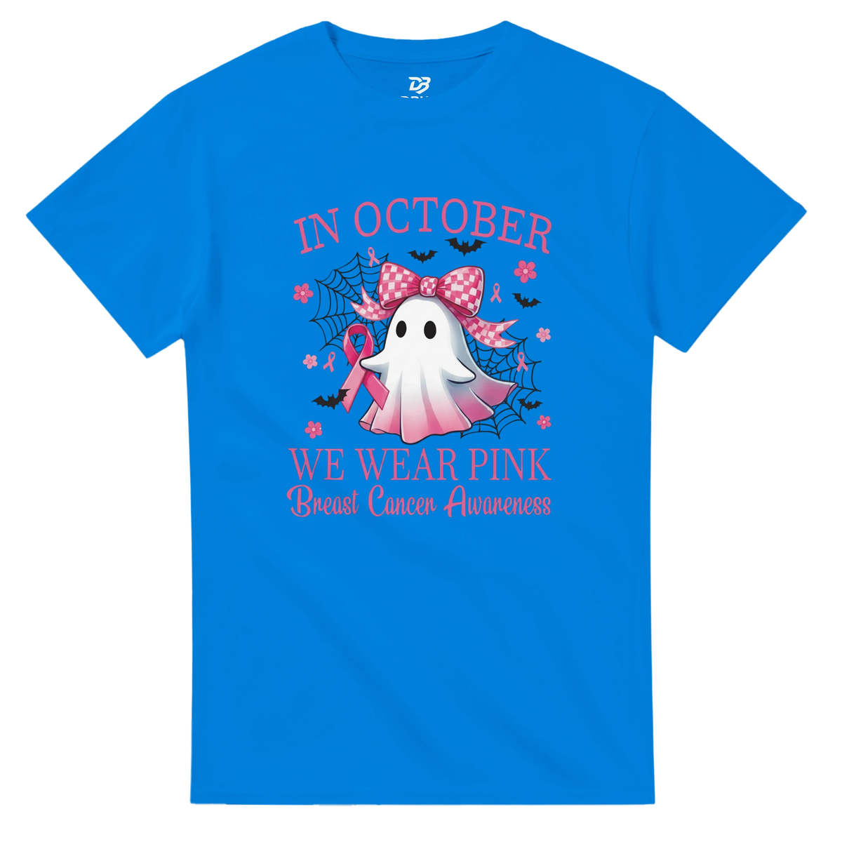 Blue unisex T-shirt with pink “IN OCTOBER” text and ghost dragon graphic
