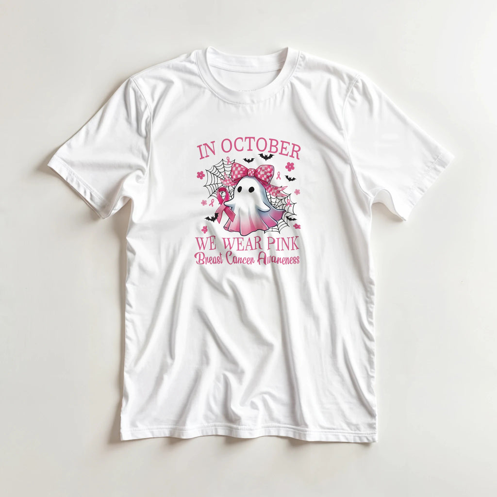 White unisex T-shirt featuring pink “WE WEAR PINK” ghost dragon awareness print