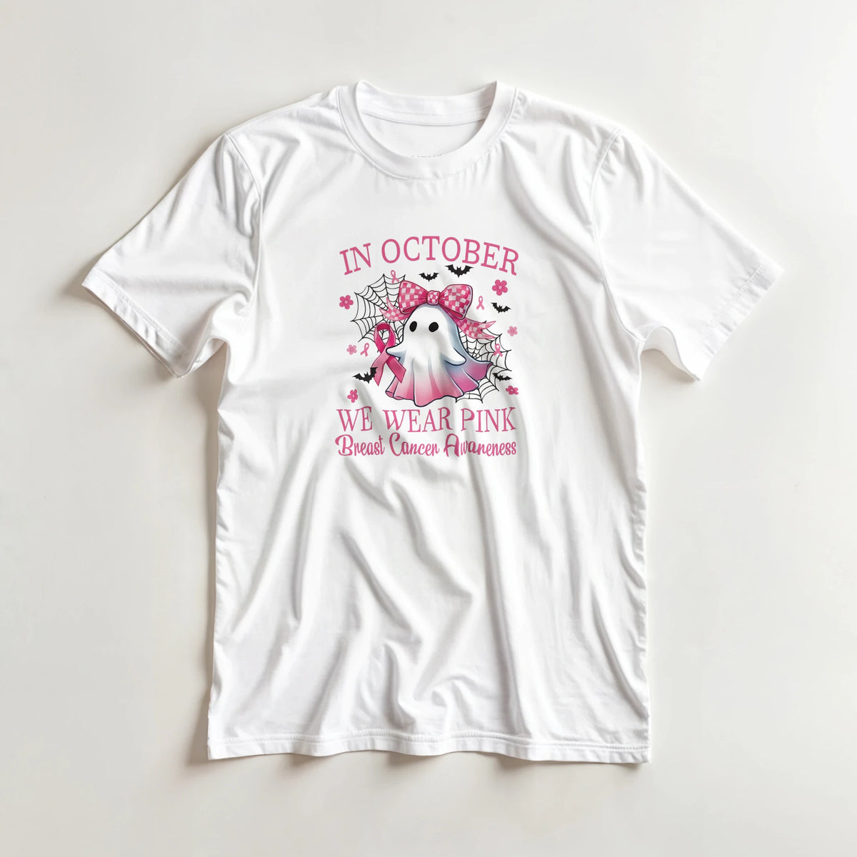 White unisex T-shirt featuring pink “WE WEAR PINK” ghost dragon awareness print
