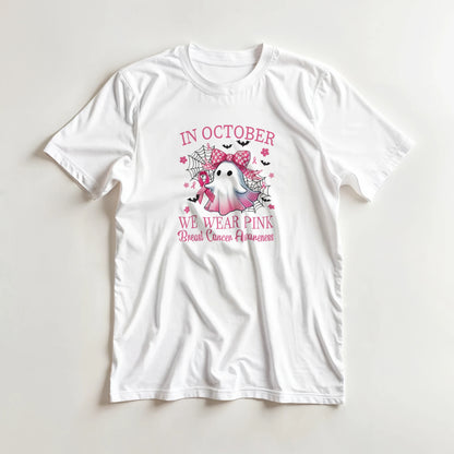 White unisex T-shirt featuring pink “WE WEAR PINK” ghost dragon awareness print