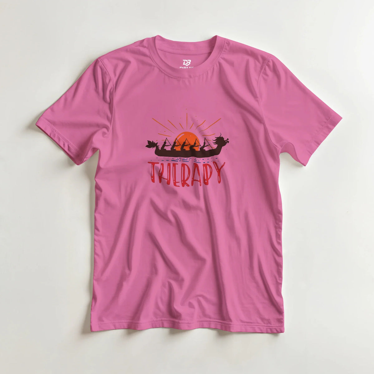 Azalea pink unisex T-shirt with Therapy dragon boat sunset graphic