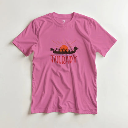 Azalea pink unisex T-shirt with Therapy dragon boat sunset graphic