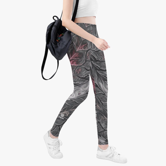 Women's all-over dragon scale print leggings, grey with red accents, full length.