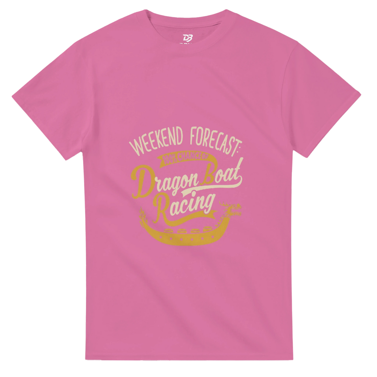 Azalea pink unisex crewneck tee with Weekend Forecast Dragon Boat Racing graphic