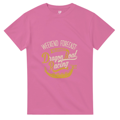 Azalea pink unisex crewneck tee with Weekend Forecast Dragon Boat Racing graphic