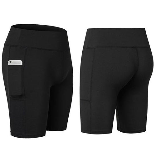 Black stretch yoga shorts with phone pocket, mid-thigh length.