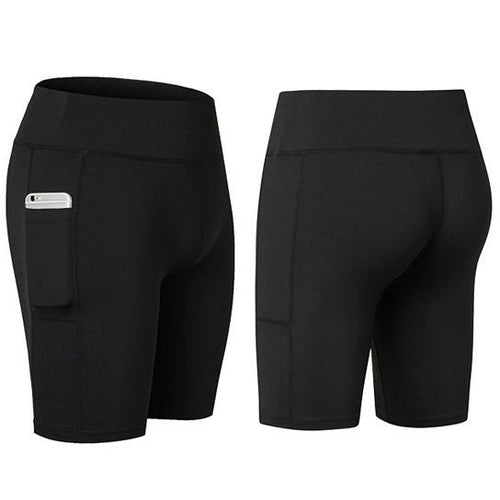 Black yoga shorts with phone pocket detail, stretch fabric, mid-thigh length