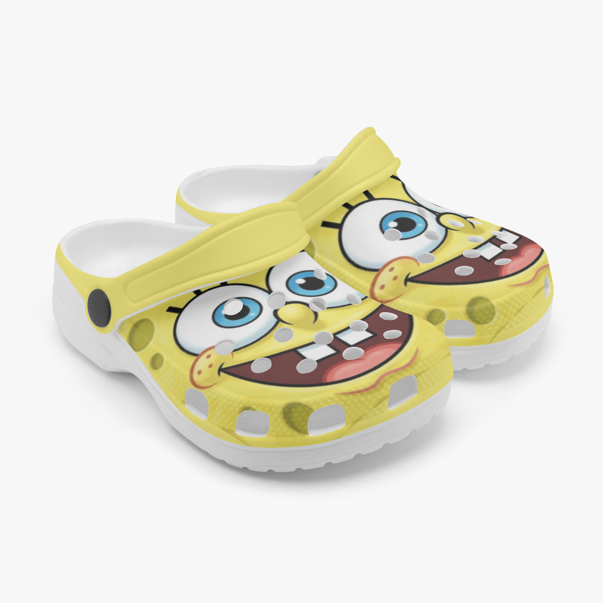 Kids yellow slip-on clogs with cartoon face print and white cushioned sole