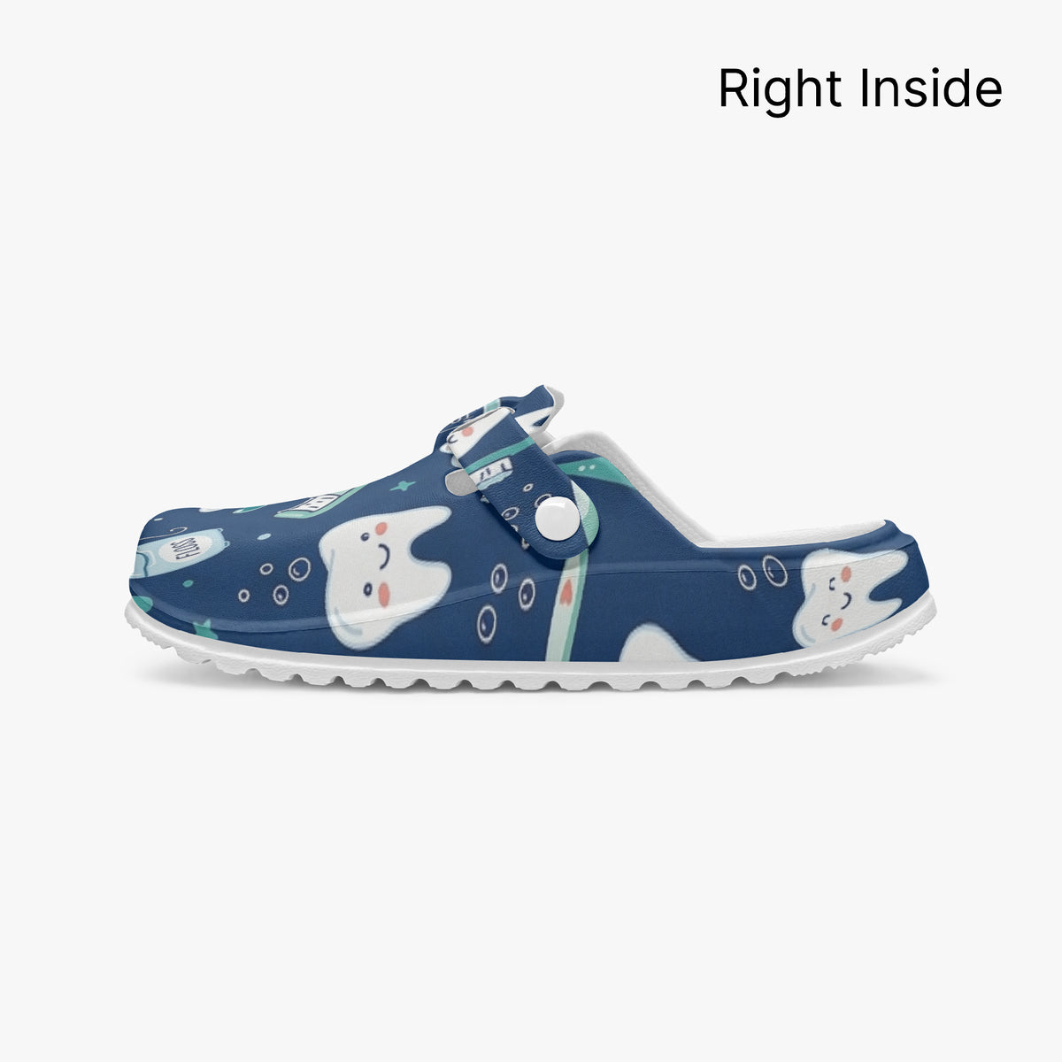 Right inside view of blue dental print clog, slip-on EVA with white interior lining.