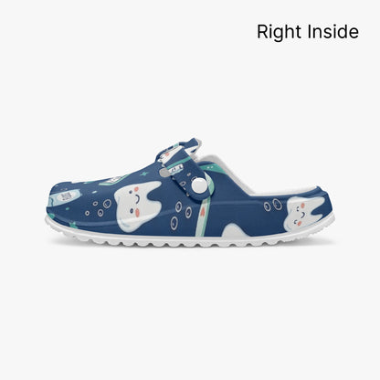 Right inside view of blue dental print clog, slip-on EVA with white interior lining.