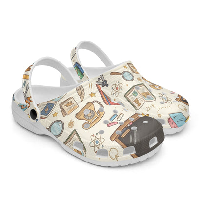 DBUKStore science teacher clogs, white base with chemistry icons print and black circular vents