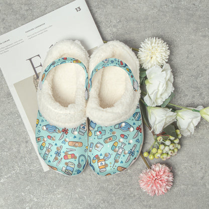 Pair of teal medical-themed lined slides with white plush fur interior, open heel