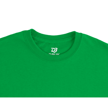 Unisex green t-shirt with small chest logo on crew neck
