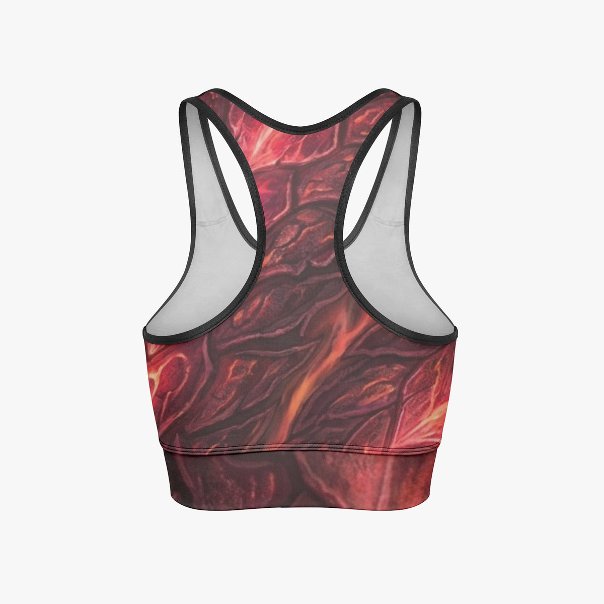 Back of cropped yoga tank top with racerback cutout, red abstract all-over print