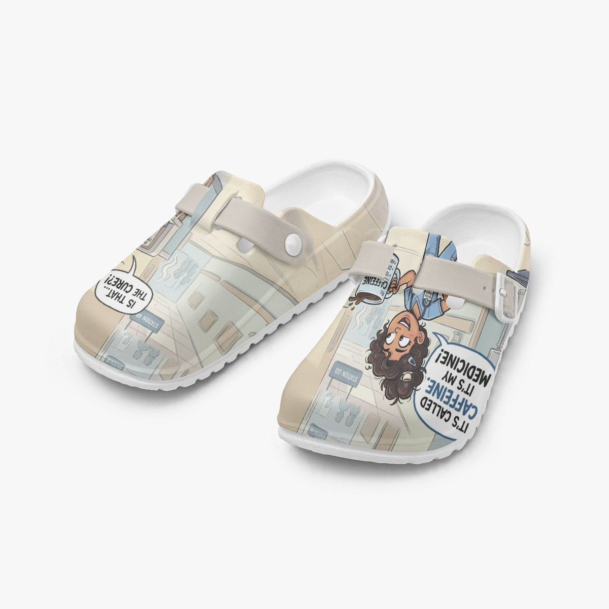 Pair of lightweight EVA slip-on clogs with beige straps and nurse comic print