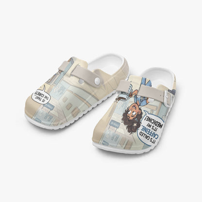 Pair of lightweight EVA slip-on clogs with beige straps and nurse comic print