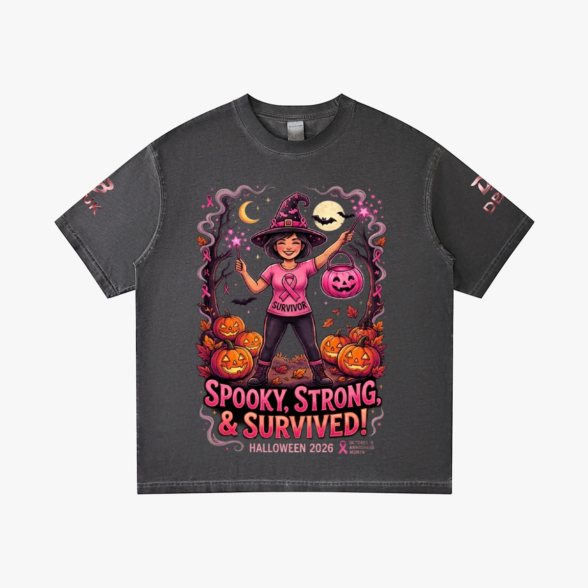 Charcoal dark Halloween graphic tee with witch, pumpkins, and “Spooky Strong & Survived!”