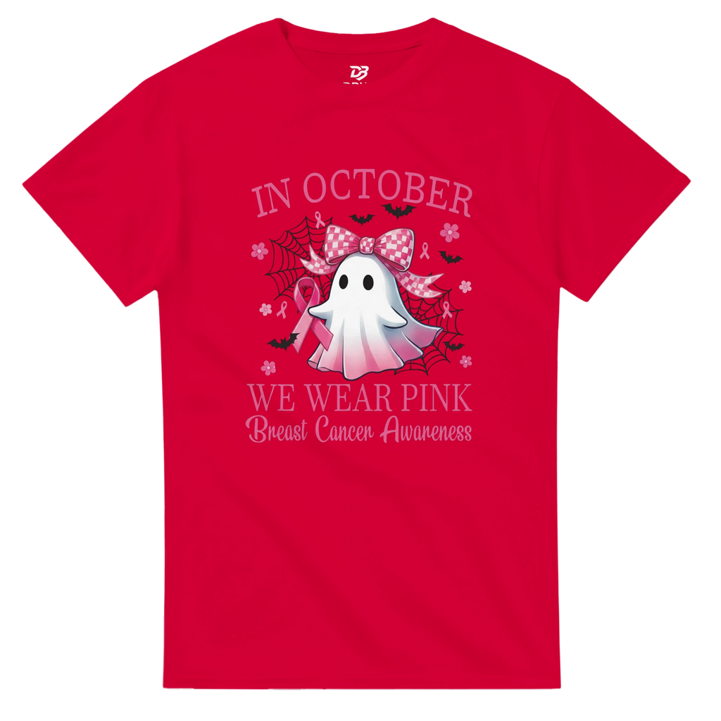Red unisex T-shirt with pink “IN OCTOBER” text and ghost dragon graphic