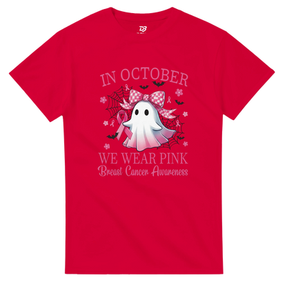 Red unisex T-shirt with pink “IN OCTOBER” text and ghost dragon graphic
