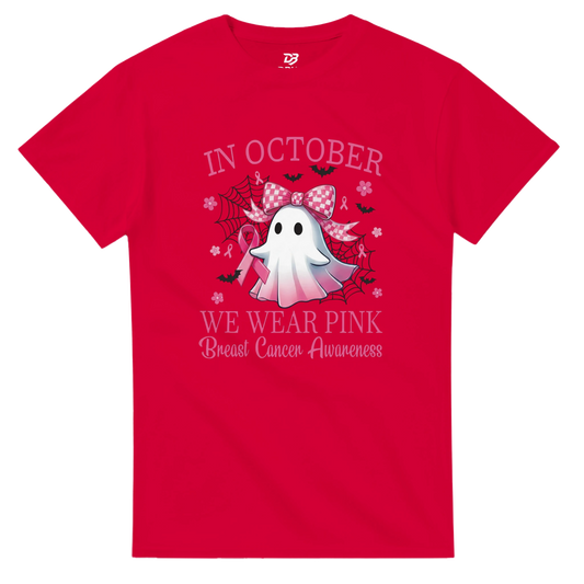 Red unisex T-shirt with pink “IN OCTOBER” text and ghost dragon graphic